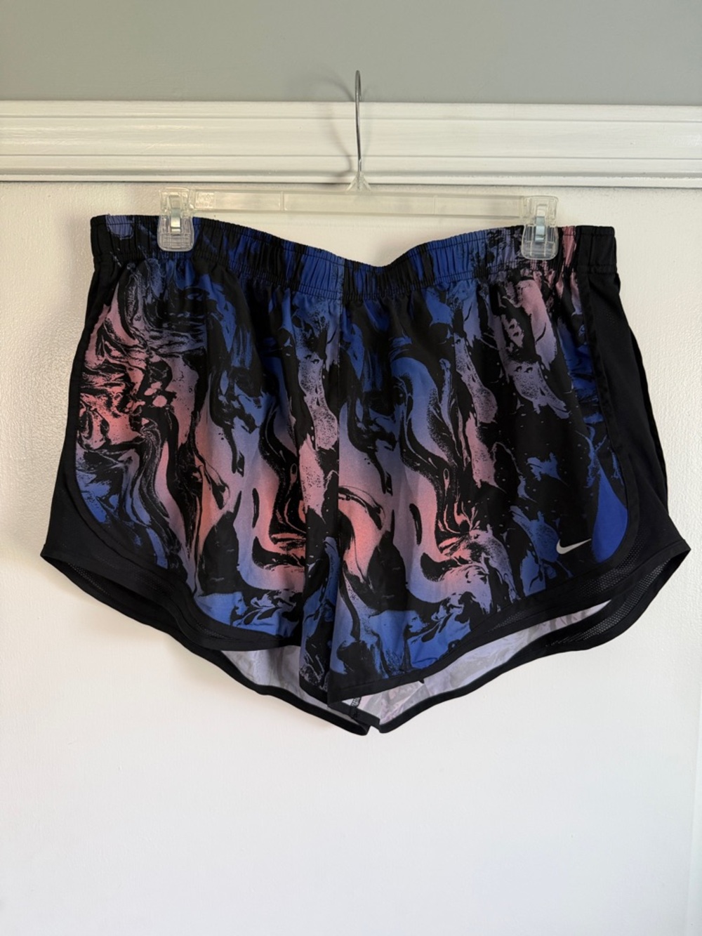 Nike Women's Black Shorts with Pink and Blue Marble Design